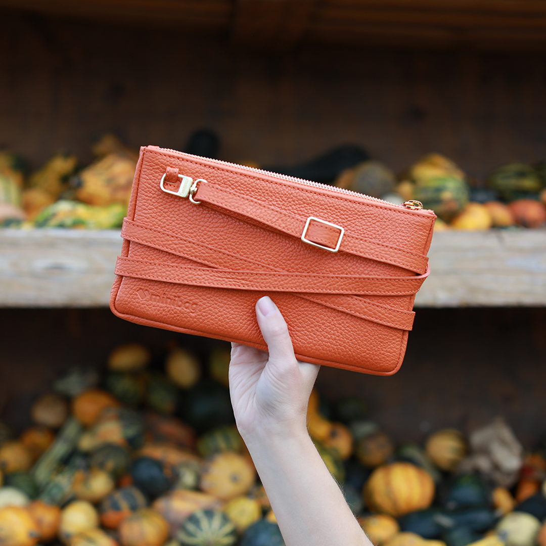 minibag orange, Ledertasche orange, Clutch orange, Geldtasche zum Umhängen, Geldtasche orange