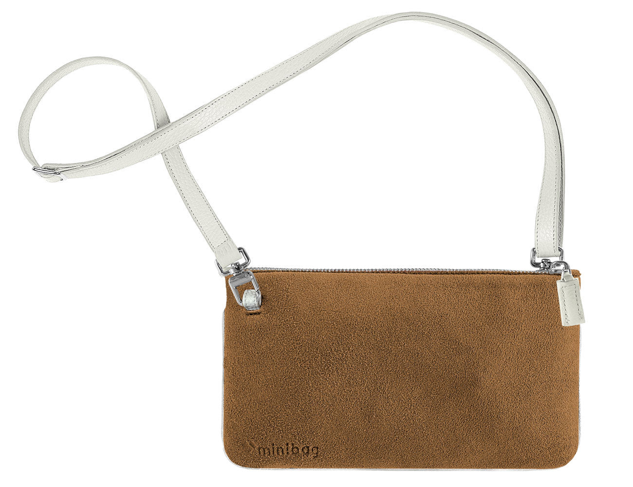 minibag , velour cognac with white, velourtasche in cognac mit weiss, braune tasche mit weissem Gurt