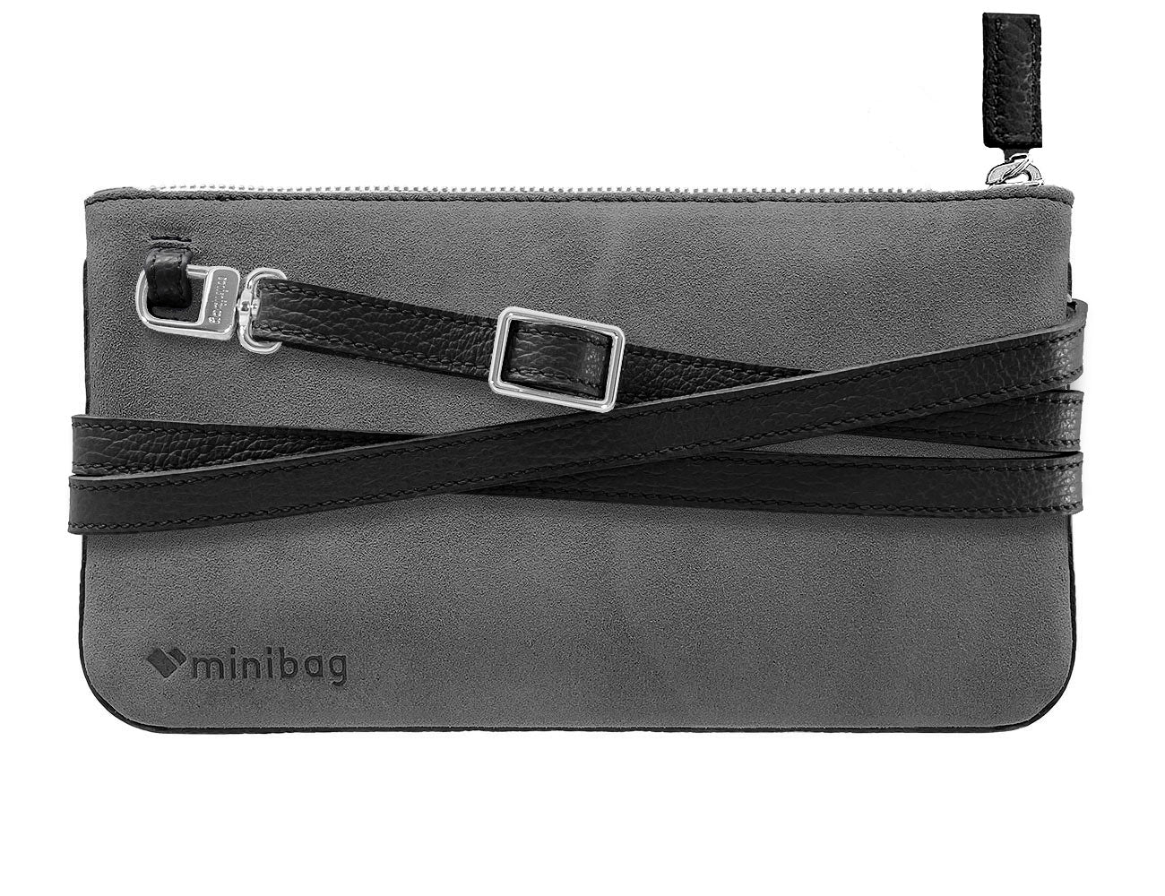 minibag in grau mit scharzem Kontrast, graue minitasche mit schwarzem Gurt, ledertasche grau velours, graue velourstasche aus Leder, kleine graue Ledertasche