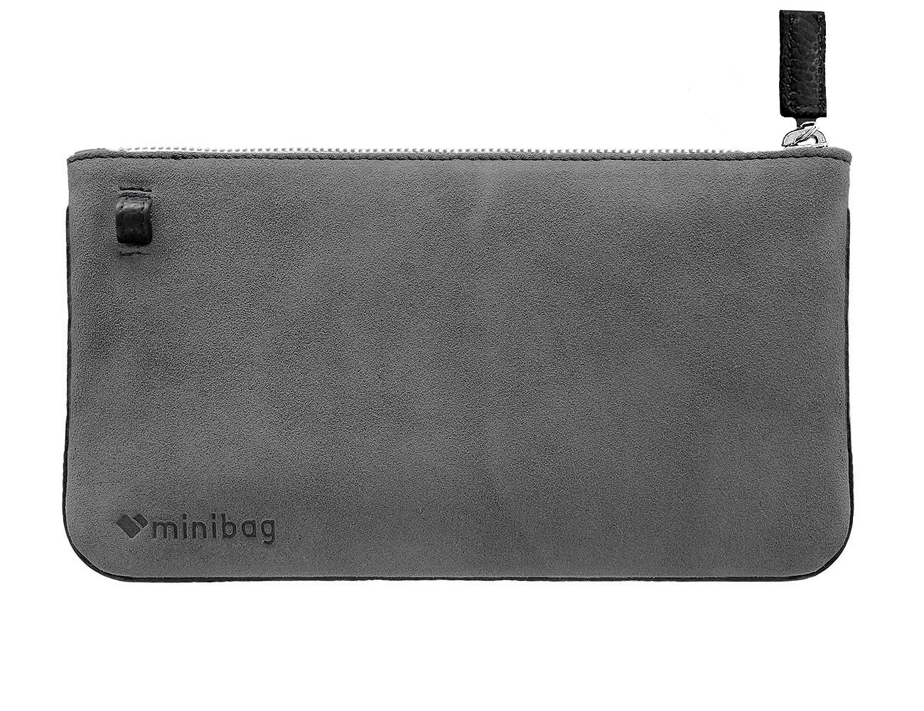 minibag in grau mit scharzem Kontrast, graue minitasche mit schwarzem Gurt, ledertasche grau velours, graue velourstasche aus Leder, kleine graue Ledertasche