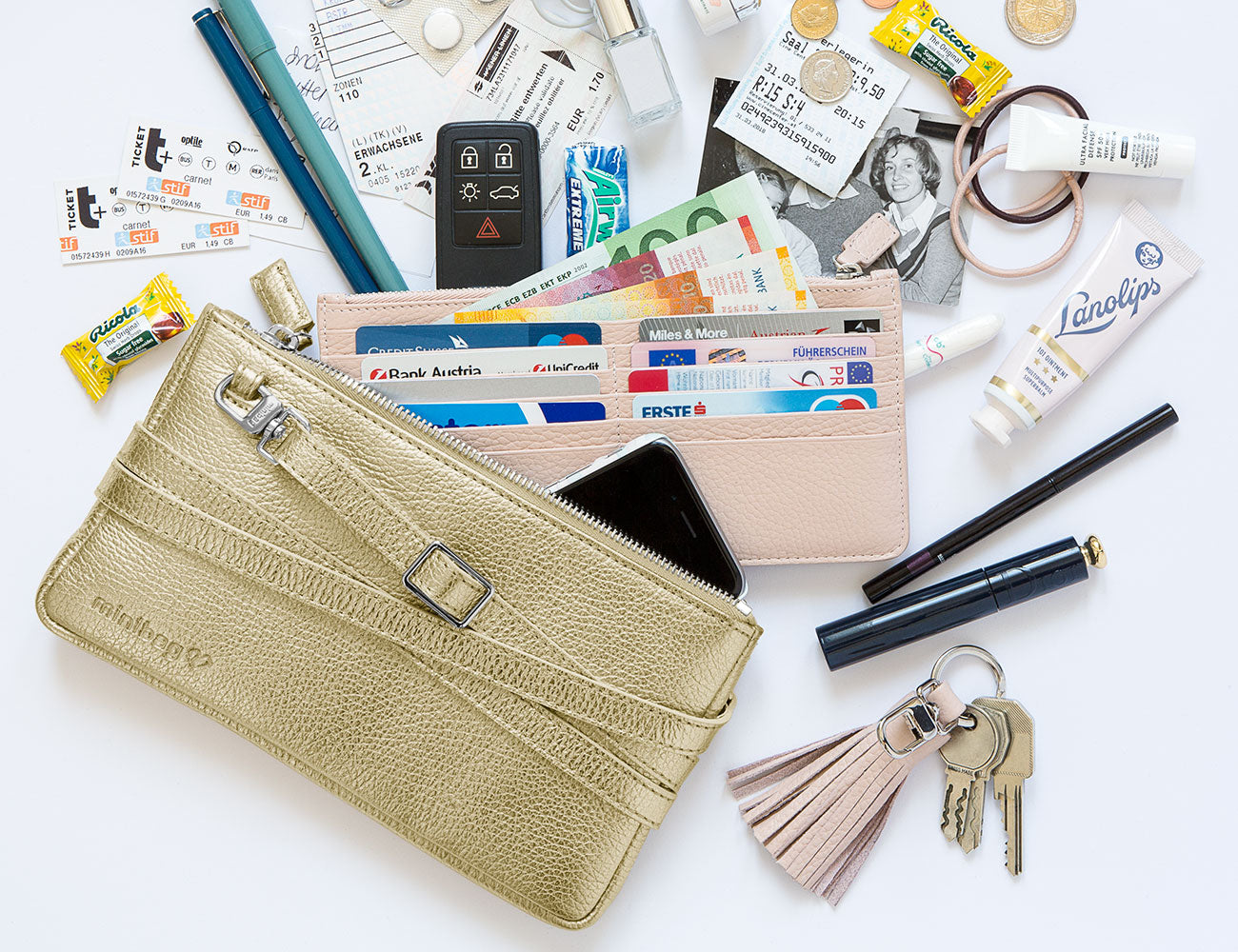 minibag metallic gold, Ledertasche gold, Clutch gold, Wallet nude, Quaste, Geldtasche zum Umhängen